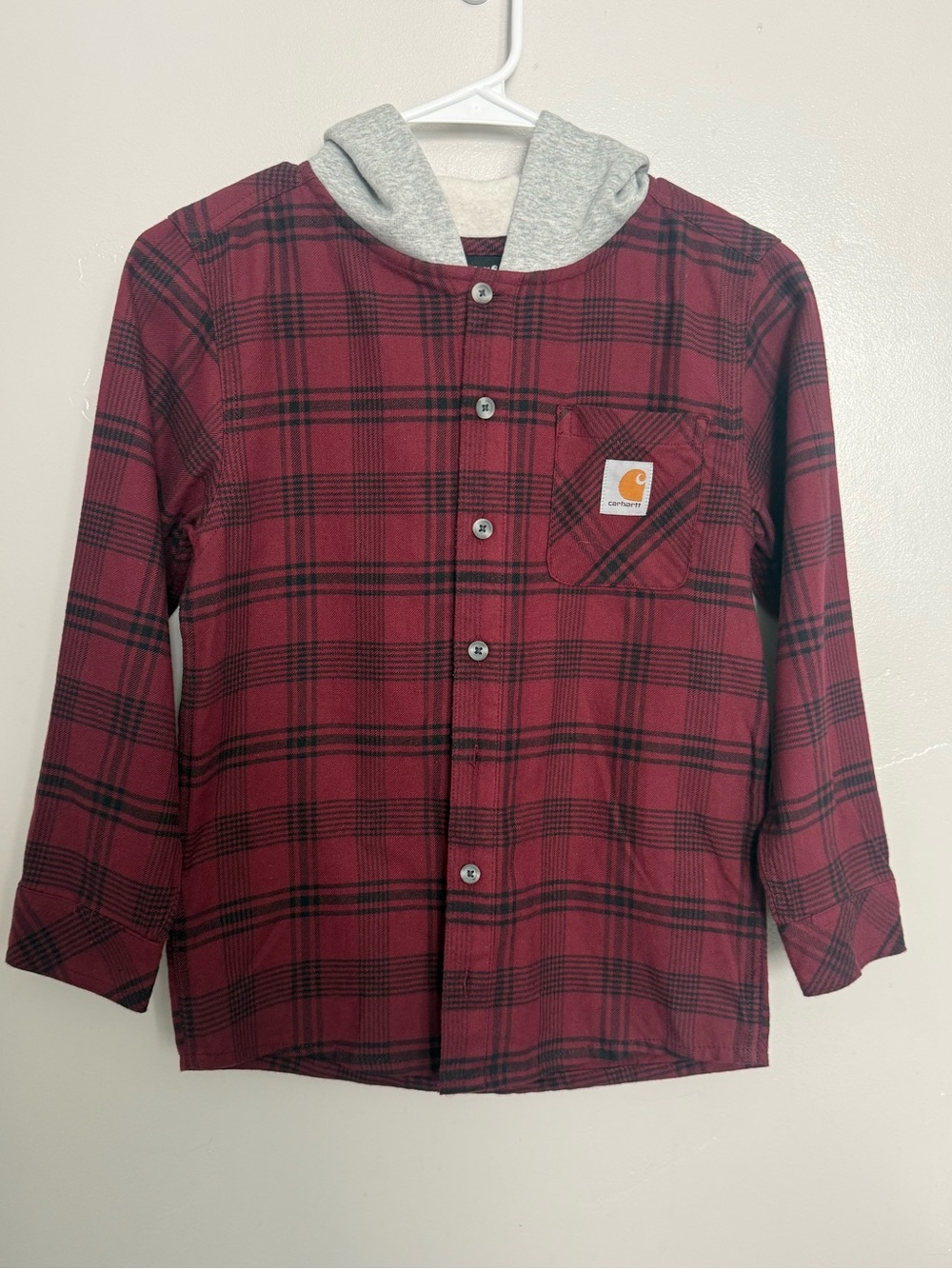 Carhartt Boys' Hooded Flannel Button Long Sleeve Shirt. Red/Burgundy. Size Small